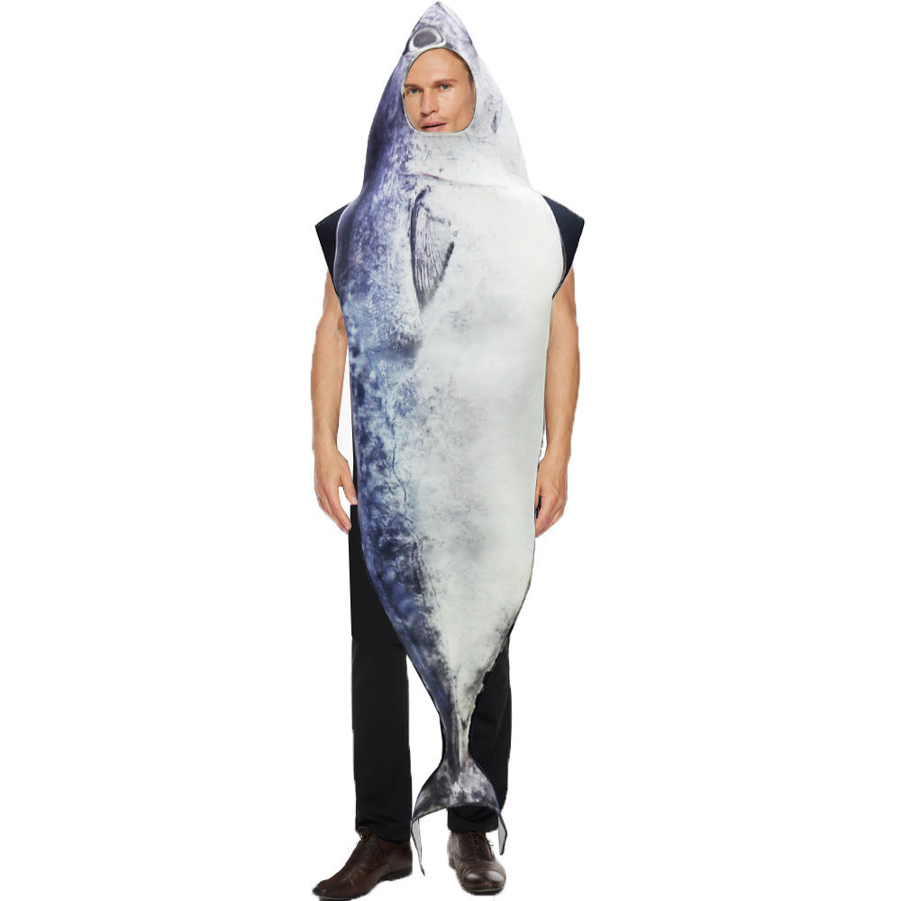 A grown-up dressed as a whole silver salmon food costume