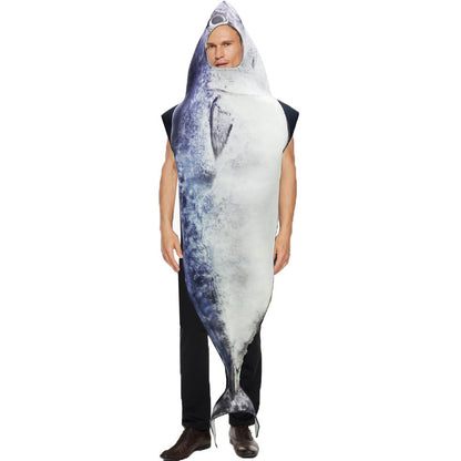 A grown-up dressed as a whole silver salmon food costume