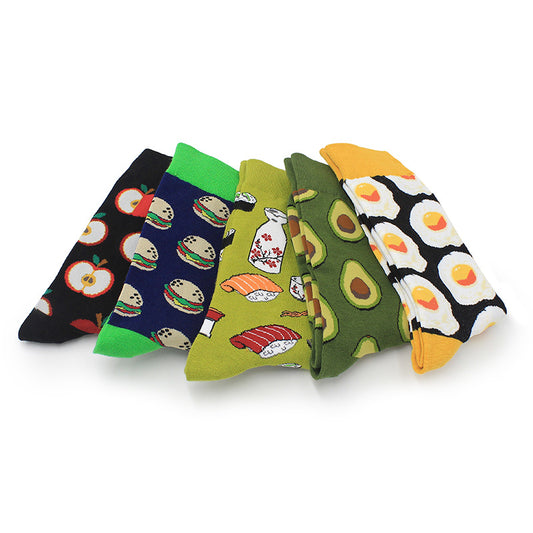 Five colorful cotton socks fanned with apple, burger, sushi, avocado and fried-egg patterns.