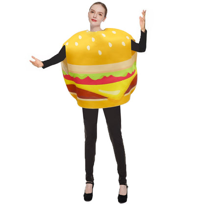 A grown-up dressed as a round hamburger with lettuce and cheese food costume