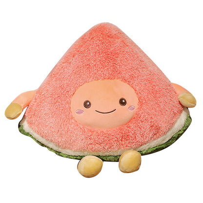 One triangular coral-pink plush with round smiling face, fuzzy texture, green rind base and yellow limbs.