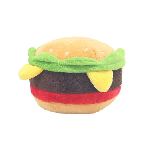 One plush hamburger with tan sesame bun, green lettuce, brown patty, red tomato and yellow cheese.