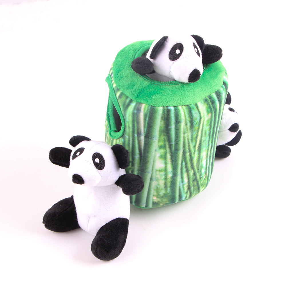 Bamboo snuffle dog toy featuring a green bamboo design with three adorable panda plush characters.