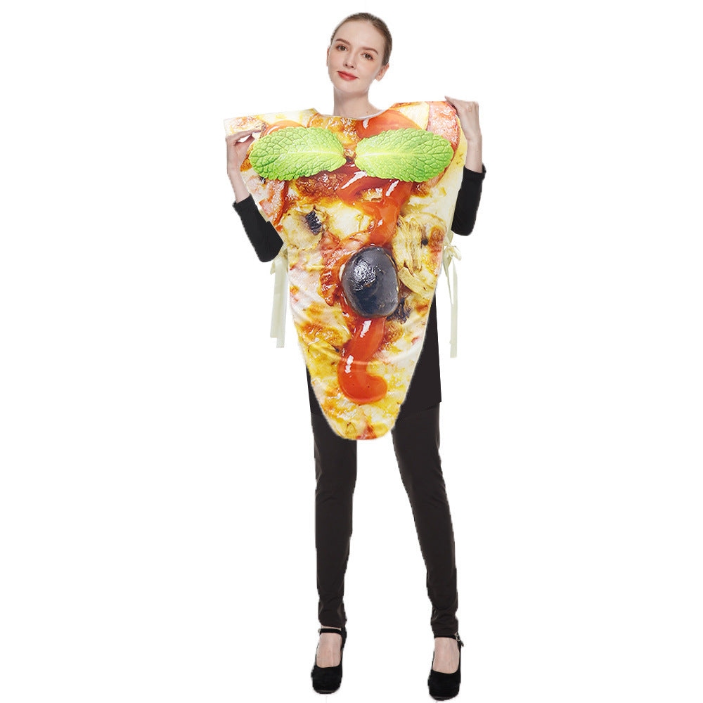 A grown-up dressed as a loaded pizza slice food costume