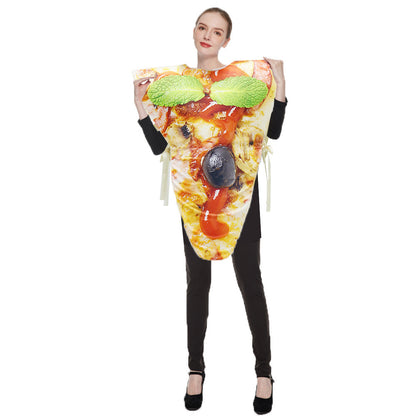 A grown-up dressed as a loaded pizza slice food costume