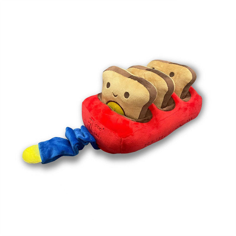 Plush bread machine dog toy featuring three slice-shaped treats and a blue teething stick, in vibrant red and brown colours.