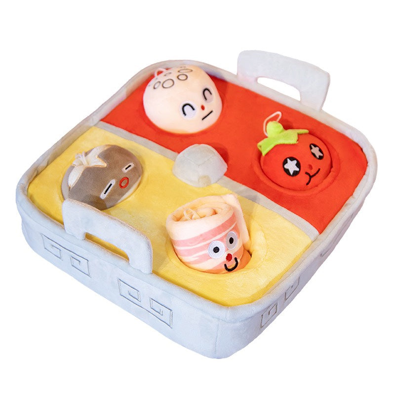 Plush hot pot with smiley ingredients on a white background