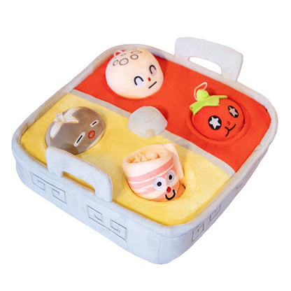Plush hot pot with smiley ingredients on a white background