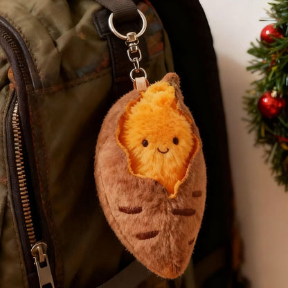 Sweet potato plush charm on a green backpack