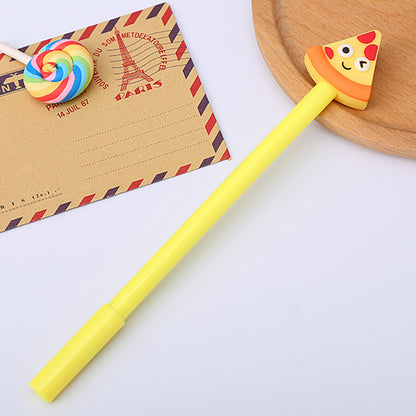 Yellow gel pen with a pizza slice topper