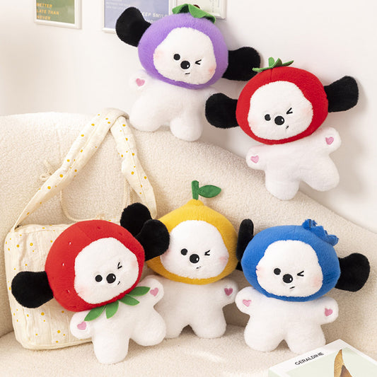 Five white plush puppies with black ears and winking faces in fruit hoods: purple, two red, yellow, blue.
