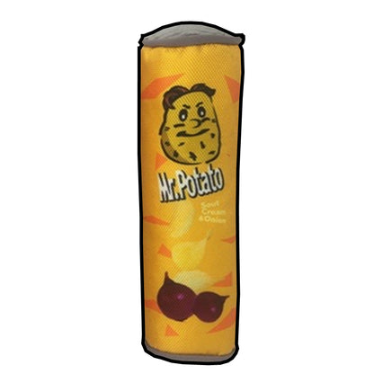 One tall yellow cylindrical plush toy with 'Mr. Potato' logo, chip and purple onion graphics and gray ends.