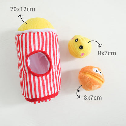 Three soft plush items: red-and-white striped cylinder (20x12cm) with yellow top, plus two round face balls...