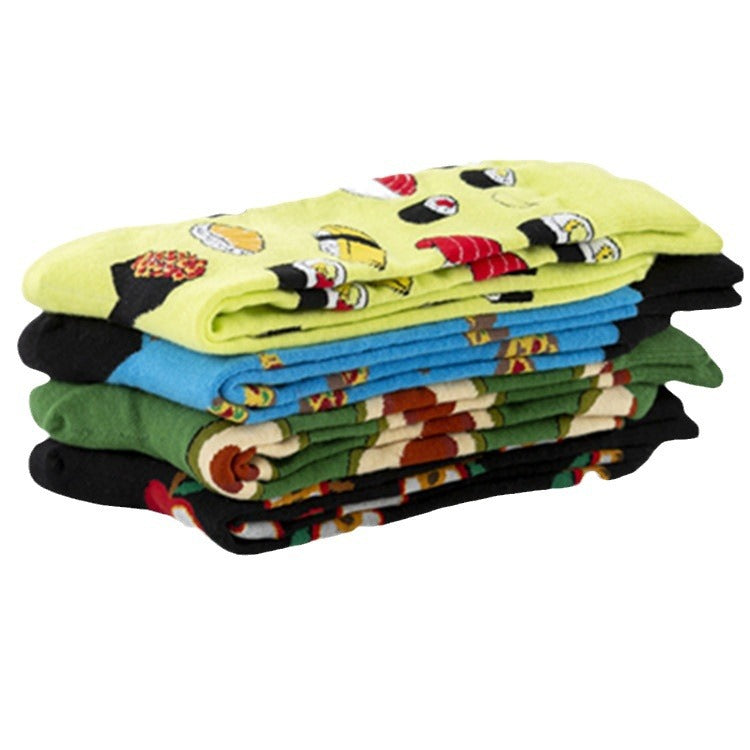 Stack of six folded colorful socks featuring sushi and other food prints.