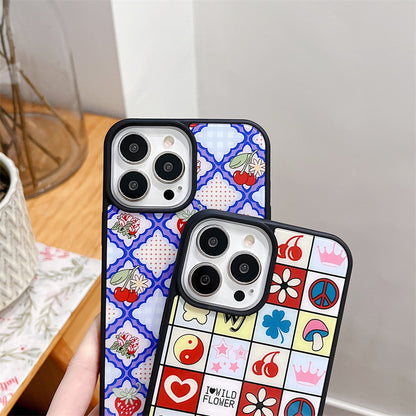 Cherry Blossom Fruit iPhone Case featuring a vibrant cherry blossom design and fruity motifs on a pastel blue background.