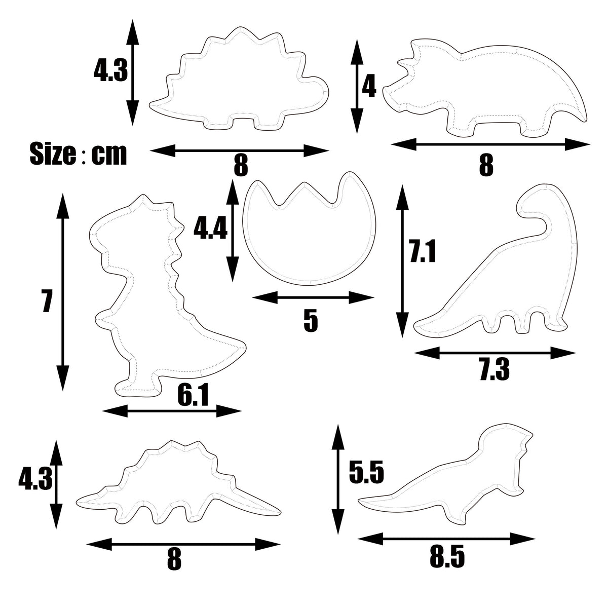 Dinosaur cookie cutter sizes in cm