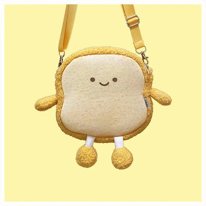 Fluffy smiling toast bread bag with a tan strap on a yellow background