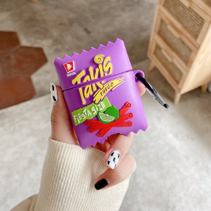 Purple Candy Bag AirPods case designed like a Takis snack package, featuring vibrant graphics and a clasp for easy attachm...