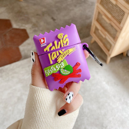 Purple Candy Bag AirPods case designed like a Takis snack package, featuring vibrant graphics and a clasp for easy attachm...