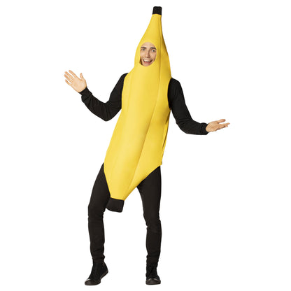 A grown-up dressed as a giant yellow banana food costume