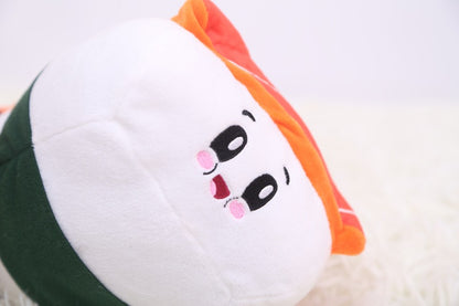 One round sushi-roll plush with white face, green base, orange top, and embroidered eyes and pink cheeks.
