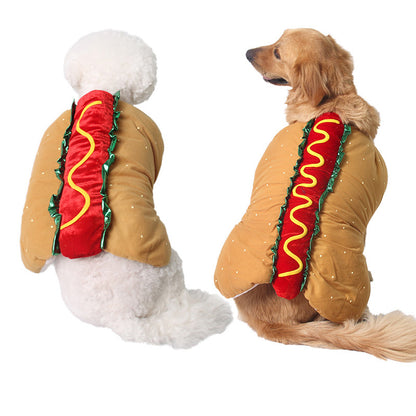 Small and large dog in matching hot dog costumes, back view