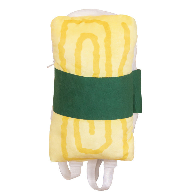 One yellow rectangular plush backpack with a green felt band, white sides and white shoulder straps.
