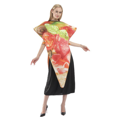 Adult pizza slice costume tabard with tomato and basil print