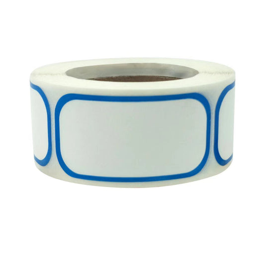 One roll of white rectangular stickers with rounded corners and thin blue borders on a cardboard core.
