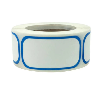 One roll of white rectangular labels with rounded corners outlined in blue on a brown cardboard core.