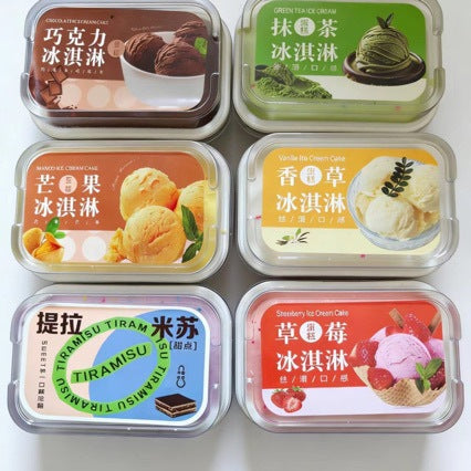 Six ice cream tub squishies with flavour lids
