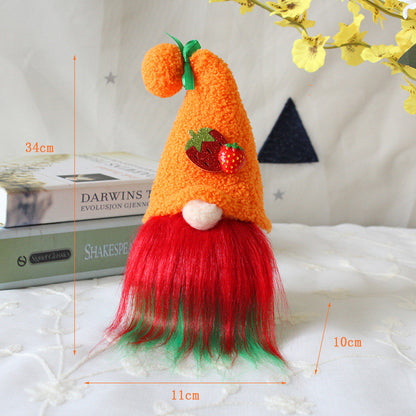 One orange felt gnome plush with strawberry pin, round beige nose and long red-to-green beard, shows 34×11cm.