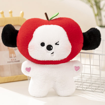 One plush toy with red apple-shaped head, white winking face, black ears, white body with pink heart patches.