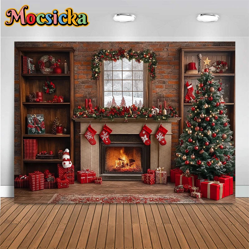 Christmas Cozy Holiday Fireplace Backdrop