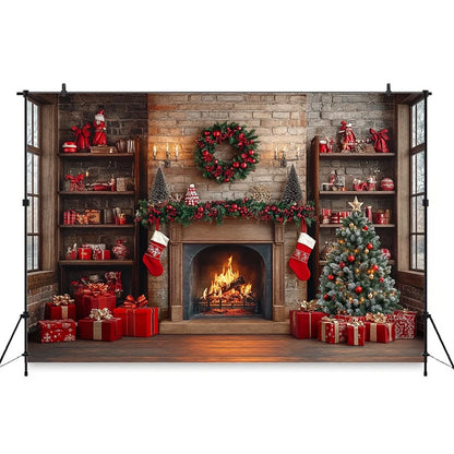 Christmas Cozy Holiday Fireplace Backdrop