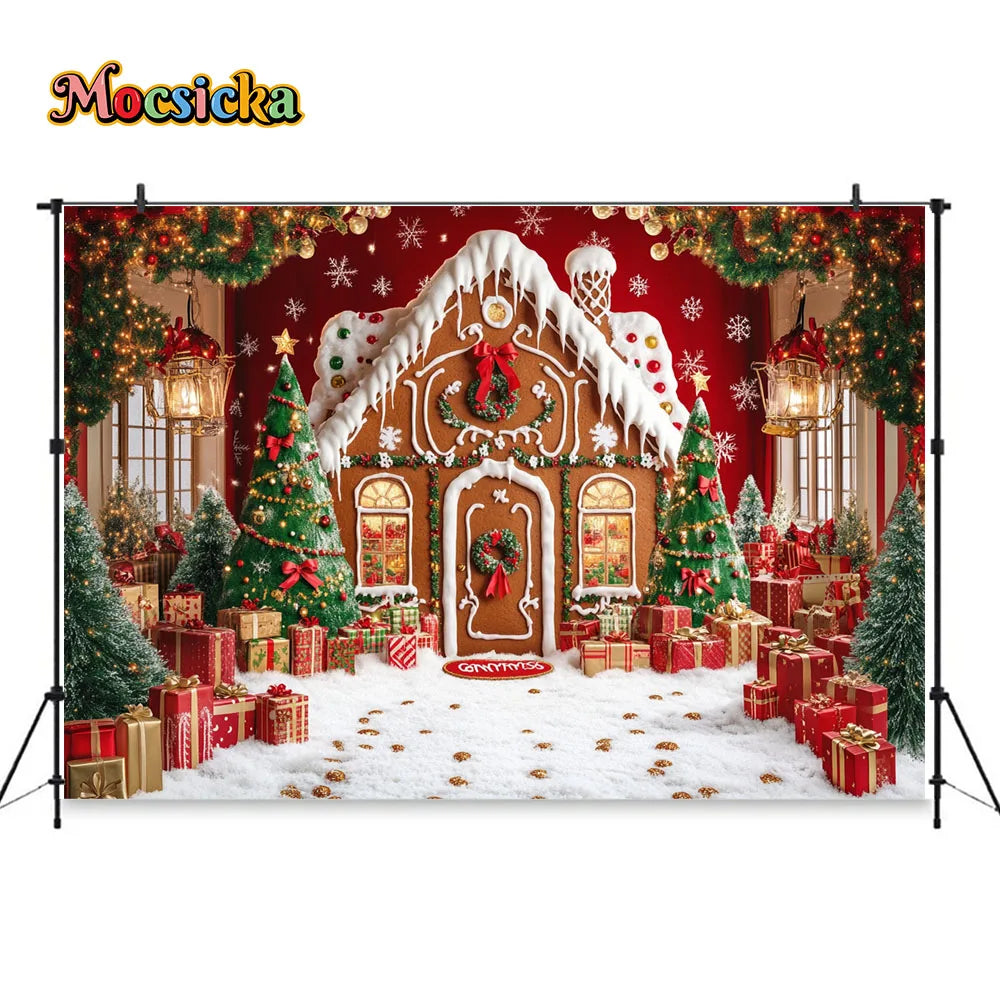 Christmas Gingerbread House Winter Backdrop