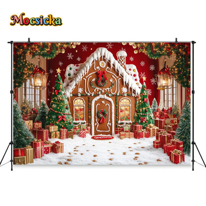 Christmas Gingerbread House Winter Backdrop