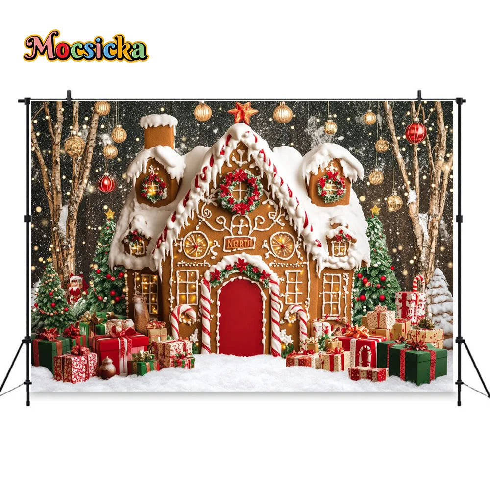 Christmas Gingerbread House Winter Backdrop