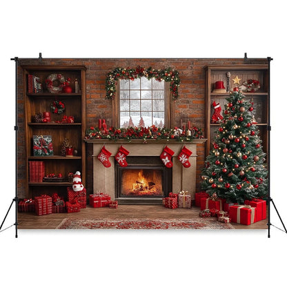 Christmas Festive Fireplace Photography Backdrop