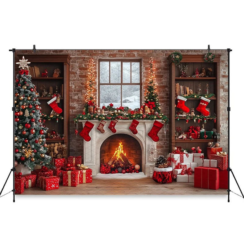 Christmas Festive Fireplace Photography Backdrop