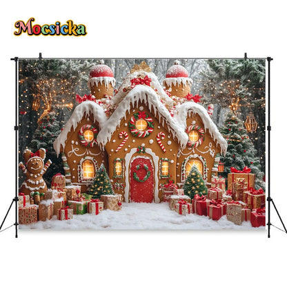 Christmas Gingerbread House Winter Backdrop