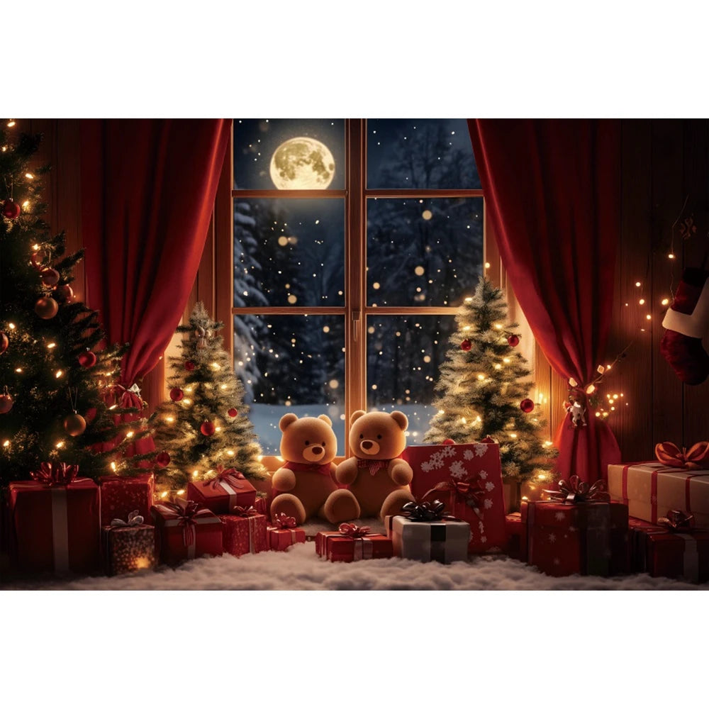 Christmas Holiday Photo Backdrop Bear Gifts