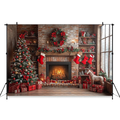 Christmas Festive Fireplace Photography Backdrop