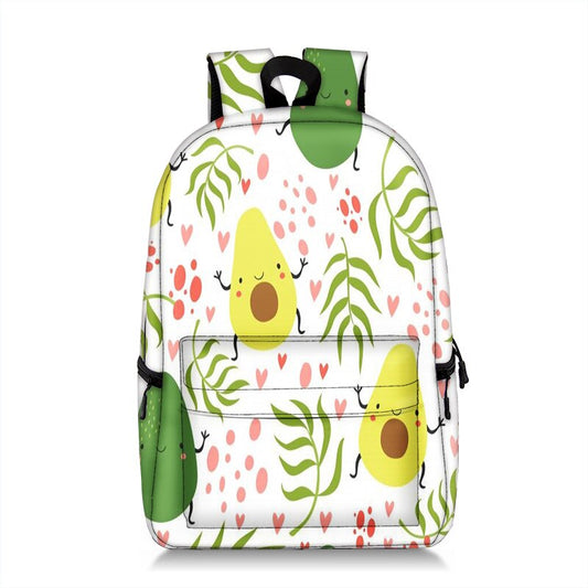 Kawaii backpack featuring a playful avocado print with vibrant greens, pinks, and leafy patterns on a white background.