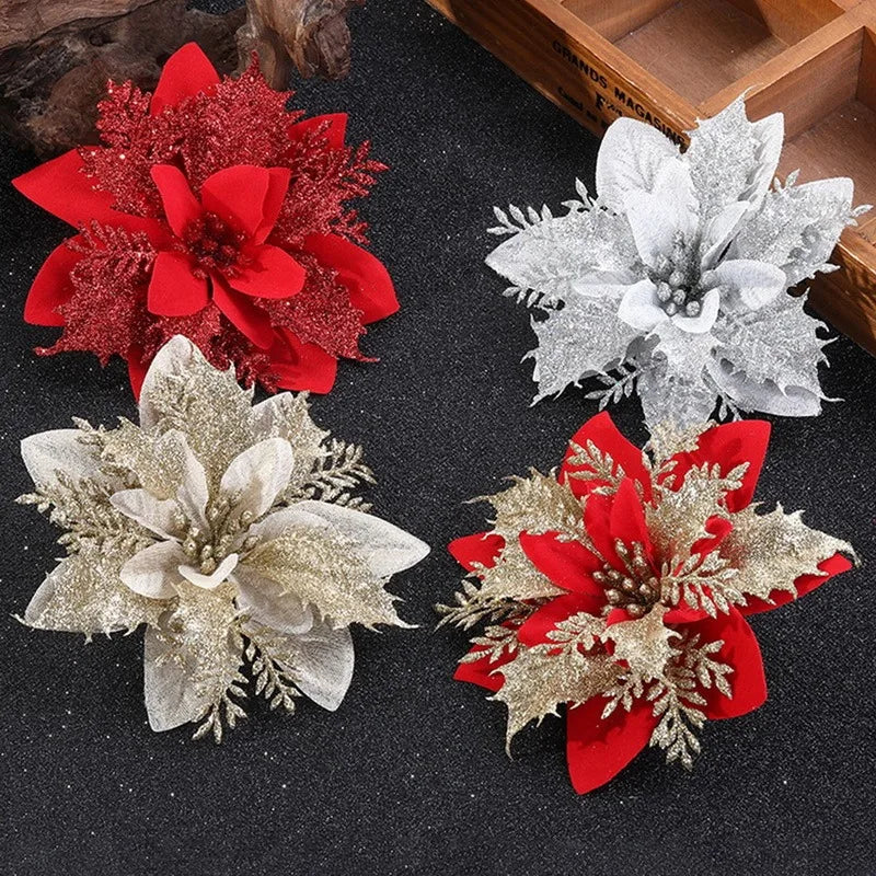 Christmas Glittery Floral Ornaments Set