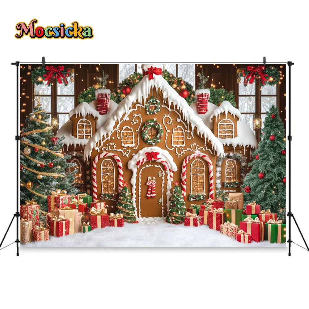 Christmas Gingerbread House Winter Backdrop