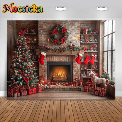 Christmas Cozy Holiday Fireplace Backdrop