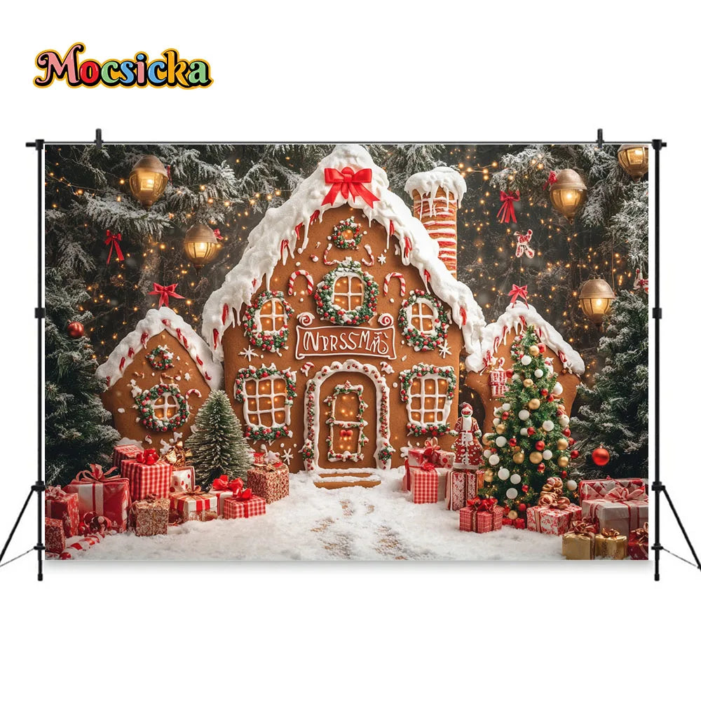 Christmas Gingerbread House Winter Backdrop