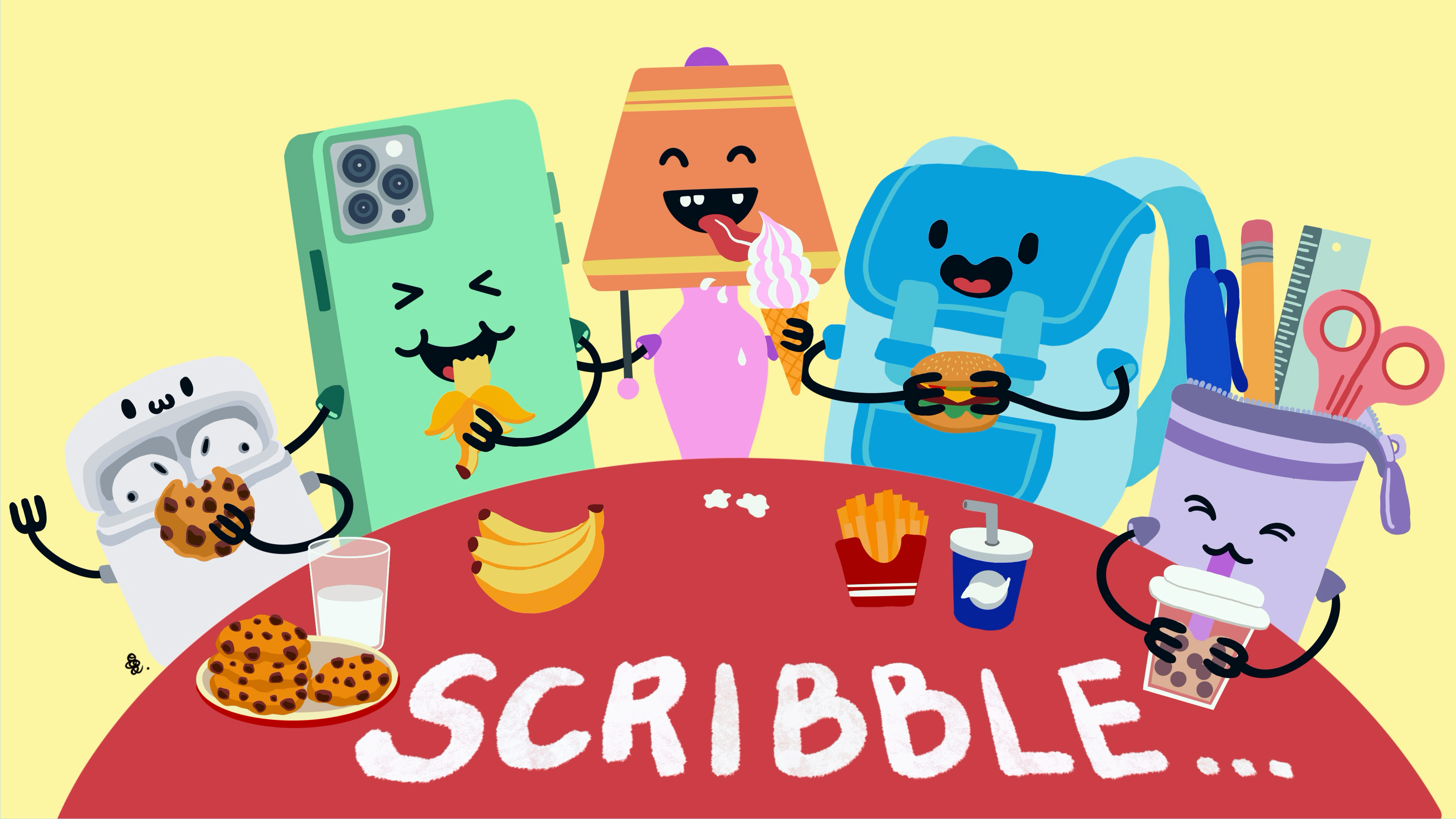 Animated Scribble Snacks characters, designed as stationery, homewares, and phone and AirPods accessories, gather around a vibrant red table, each eating food. The scene includes a cookie-eating AirPods case, a banana-eating phone case, an ice cream-eating lamp, a hamburger-eating backpack, a collapsible pencil case drinking boba, and "Scribble..." written on the table with various foods.