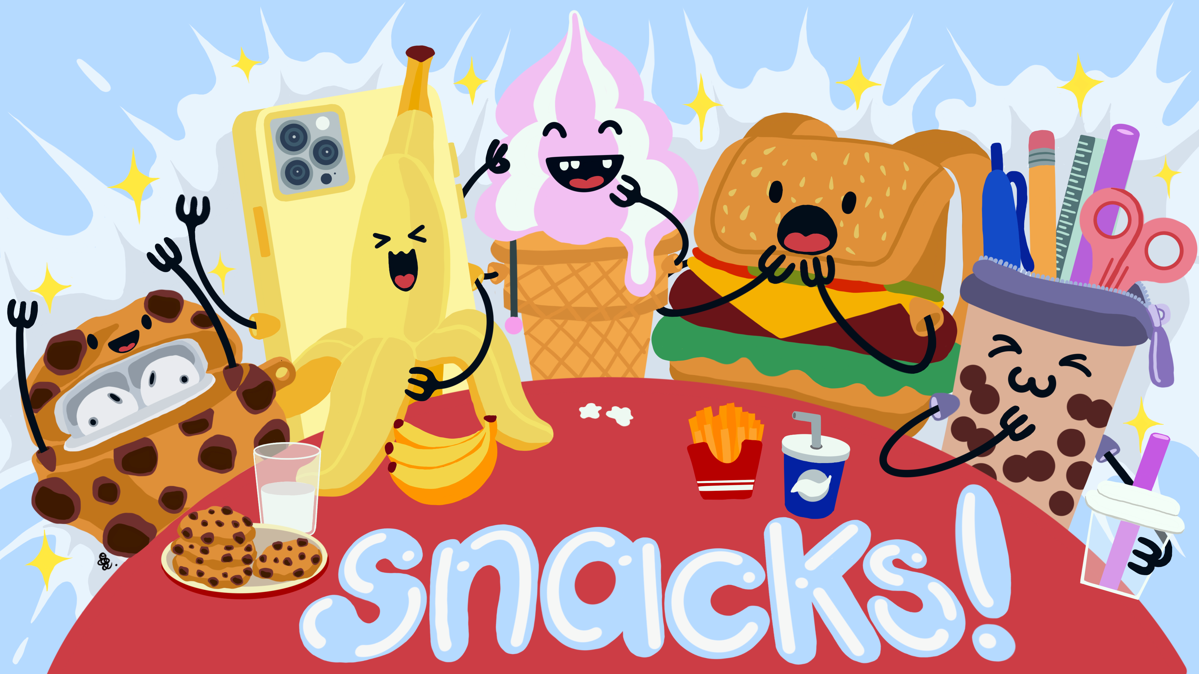 Animated Scribble Snacks characters transformed into the foods they were eating in the previous banner, with 'Snacks!' written on the table to become their food themes! Includes an AirPods case as a happy cookie, a phone case holding a joyful banana, a lamp who became an ice cream cone, a gasping backpack as a hamburger, and a happy pencil case as a cup of boba bubble tea. The characters are very happy, with a fun magic cloud behind the scene.